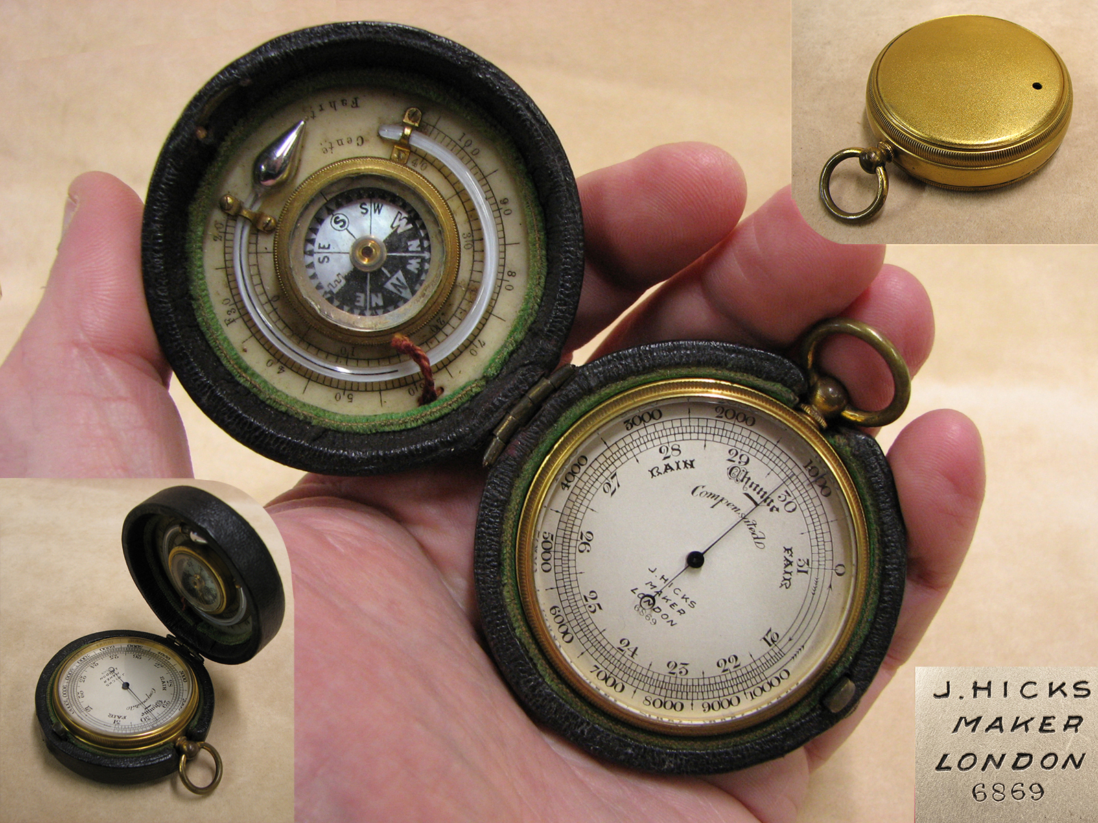 19th Century James Hicks pocket barometer compass compendium'